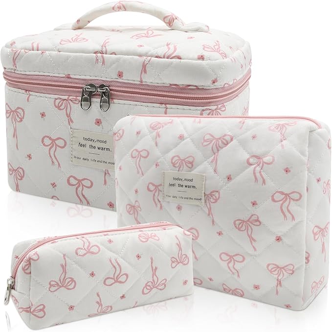 Quilted Makeup Bag Set, 3pc Large Floral Cosmetic Bag for Women, Cute Cotton Makeup Bags, Flower Travel Toiletry Organizer Bag (White Pink Small Bow)