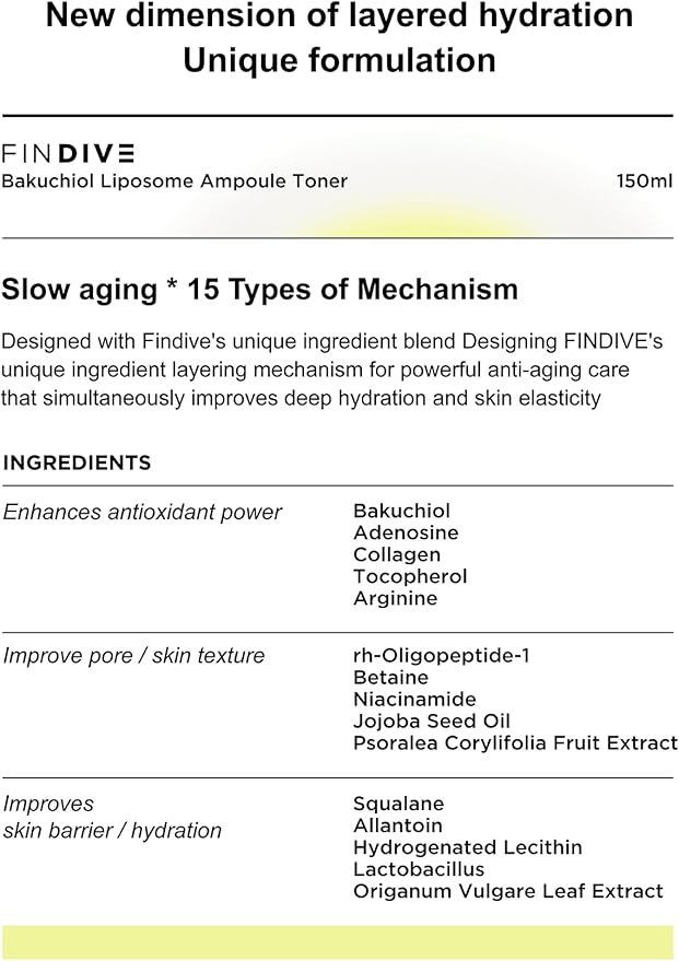 [FINDIVE Official] Bakuchiol Liposome Ampoule Toner, Bakuchiol, Plan-Based Retinal Alternative, Liposomal Squalane1%, Allantoin, Anti Wrinkle Toner, 5.07fl.oz