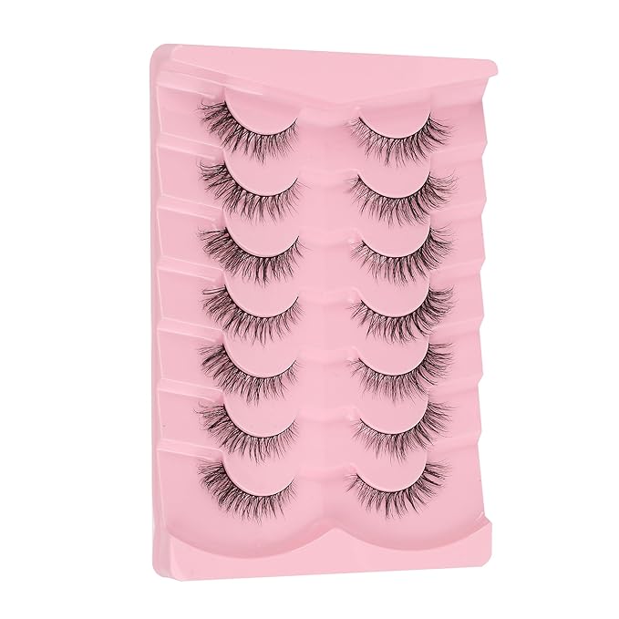 Eyelashes Natural Cat Eye Lashes 15mm Wispy Eyelashes Flared Fluffy Strip Lashes 0.1MM Thin Band False Eyelashes C Curl Lashes Siligli Eye Lashes Pack 7 Pair