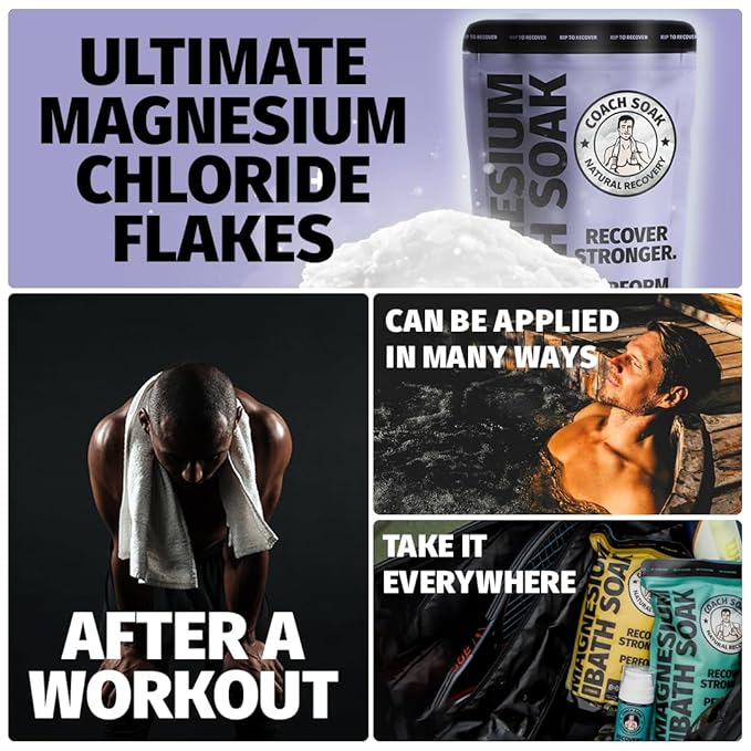 Coach Soak Recovery Bath Soak - Alternative to Epsom Salt Bath Soak - Fast-Absorbing Pure Magnesium Flakes with 21 Minerals, Bath Salts & Essential Oils - 15 lb (5 Pack) - Lavender