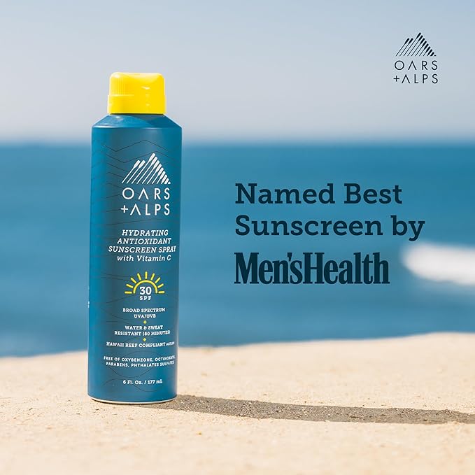 Oars + Alps Sunscreen Spray for Face & Body, SPF 30 Spray Sunscreen Infused with Vitamin C & Antioxidants, No White Residue, Water & Sweat Resistant, All Skin Types, Lightweight, Hydrating, 6oz, 2pk