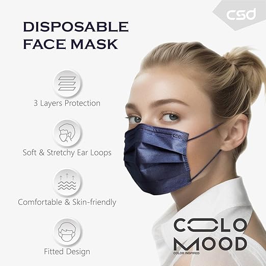 CSD Colo 30 Pcs Navy Blue Disposable Face Masks, 3 Ply Adult Mask with Elastic Ear Loop, Nose Bridge Clip, Breathable Comfortable Mask Great for Indoor, Outdoors Use (Dark Denim)