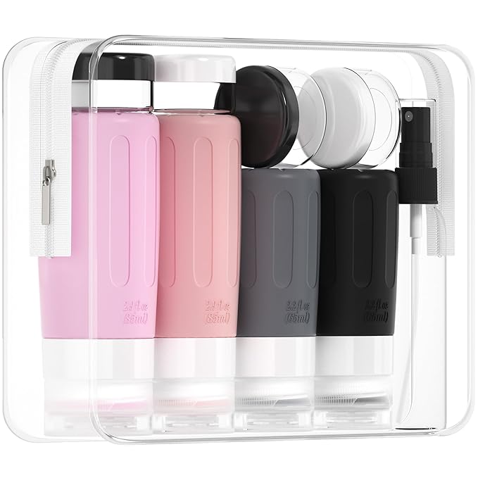 Morfone 16 Pack Silicone Travel Bottles Set for Toiletries TSA Approved Travel Containers Leakproof Squeezable Refillable Accessories 2oz 3oz for Shampoo Conditioner Lotion Liquids (Black Pink)