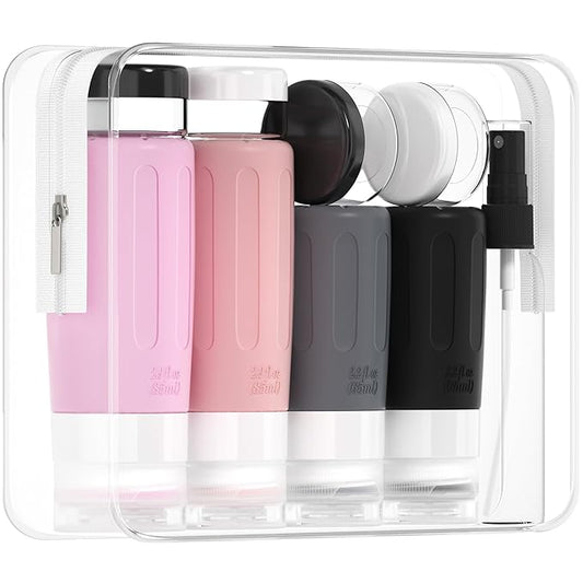 Morfone 16 Pack Silicone Travel Bottles Set for Toiletries TSA Approved Travel Containers Leakproof Squeezable Refillable Accessories 2oz 3oz for Shampoo Conditioner Lotion Liquids (Black Pink)