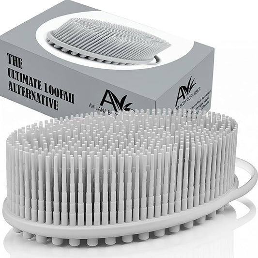 Avilana Silicone Body Scrubber – Gentle Shower Brush & Loofah Alternative- Food Grade & Lab Tested – Fast-Drying, Hygienic, BPA-Free Silicone Body Gentle Exfoliator (Light Gray, Massage)