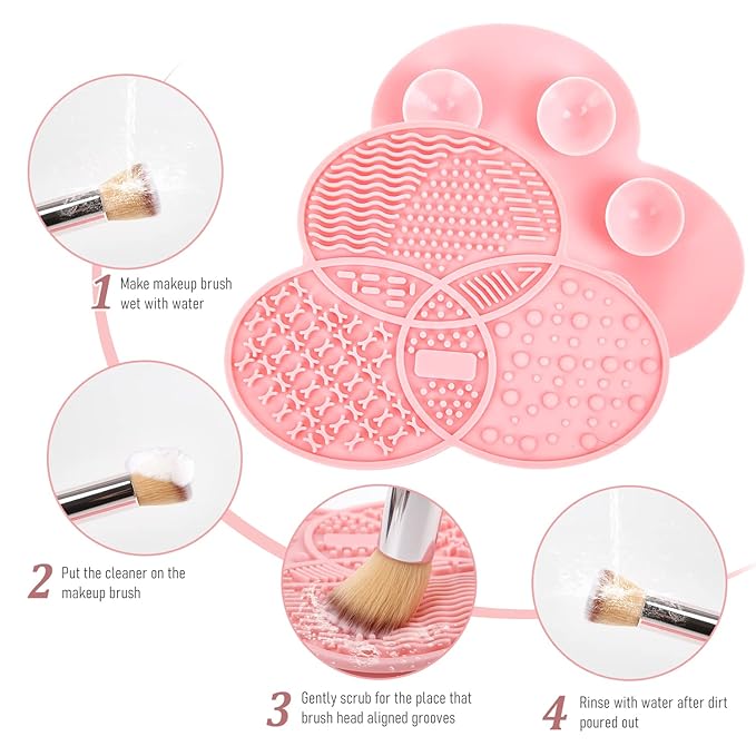 Makeup Brush Cleaning Mat & Drying Rack - 28 Holes Brush Holder, Silicone Rubber Clover Shaped Mat Cleaner - Black & Pink