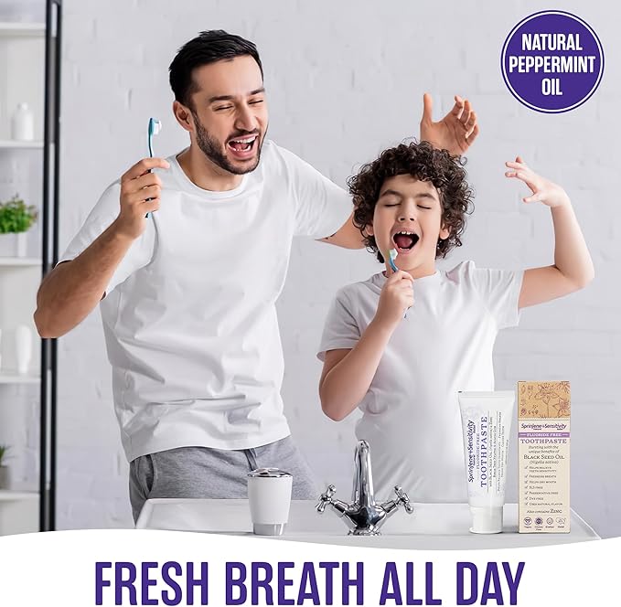 SprinJene Fluoride Free Toothpaste - Patented Natural Toothpaste with Black Seed Oil & Zinc - Made in The USA - Vegan Non Fluoride for Fresh Breath Preservative Free (4 Pack)