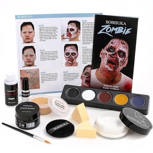 Halloween Zombie Makeup, Complete Zombie SFX Makeup Kit Set with Face Paint, Liquid Latex, Scar Wax & Fake Blood for Special Effects Make Up, Costume Cosplay Stage & Movie