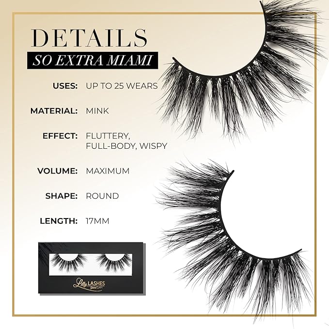Lilly Lashes So Extra Miami 3D Mink Lashes, Mink Eyelashes, The Original Lilly Lash For Wispy & Natural Look, Reusable Eyelashes up to 25x, Fluffy Lashes, Strip Lashes, Lash Glue not Included