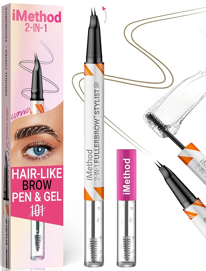 iMethod Curved Eyebrow Pen and Brow Gel - Eyebrow Pencils for Women with Hair Like Strokes, Eyebrow Makeup for All-Day Defined, Waterproof, Smudge-proof, Light Brown and 2 Count Brow Gel Clear