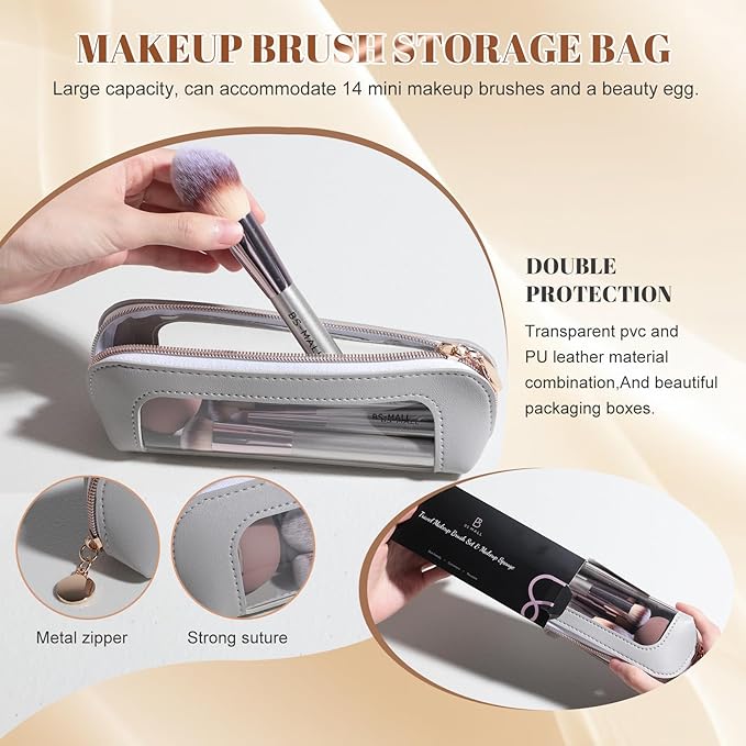 Travel Makeup Brush Set BS-MALL 14 Pcs with 1 Pcs Makeup Sponge – Essential Foundation Powder Concealers, Eye Shadows, Blush Makeup Brushes with Travel Makeup Case (Champagne)