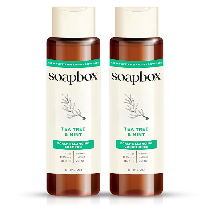 Soapbox Tea Tree Shampoo and Conditioner Set, Scalp Balancing with Tea Tree Oil, Jojoba Oil, Aloe and Shea Butter to Clean and Purify for All Hair Types, 16 Ounces Each (Pack of 2)
