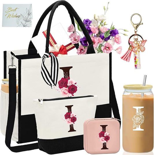 Birthday Gifts for Women,Initial Canvas Tote Bag,Monogrammed Gift for Women,16oz Glass Cup,Makeup Bag with Zipper,Jewelry Organizer Box,Personalized Gifts for Mom-I