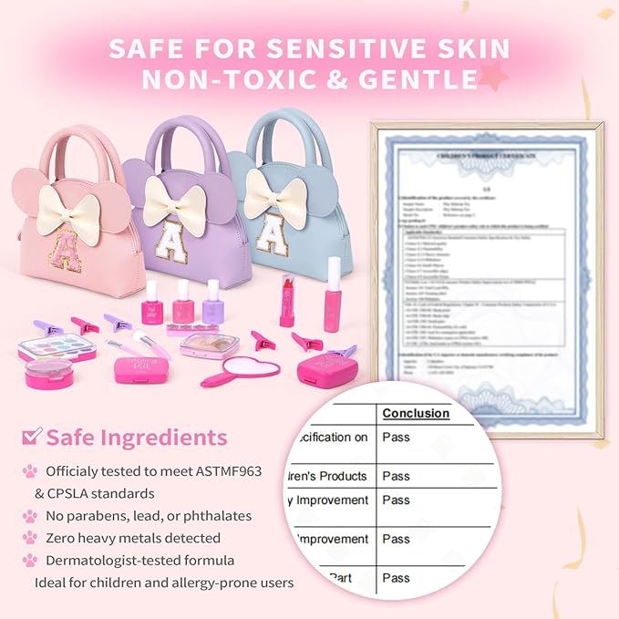 Kids Real Makeup Kit for Girls - 21Pcs Non-Toxic Make Up Toys with Initial Toddler Purse - Personalized Birthday Gifts for Age 5 6 7 8 9 10 Years Old Girls Vanity Set - Purple M