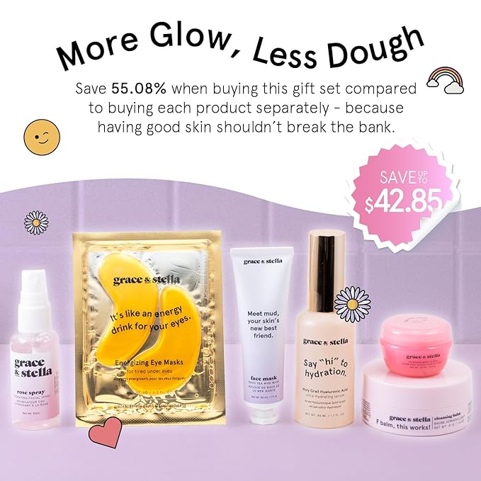 grace & stella Award Winning Skin Care Set - Gifts for Her - Travel Essentials with Under Eye Masks, Serum, Cleanser, Lip Balm - Birthdays, Bachelorette, Bridesmaids, Teen Gifts - Vegan Self Care