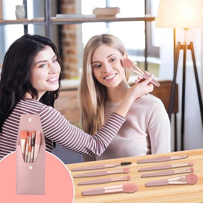 24 Sets Travel Makeup Brush Set Bridesmaid Gift Face Make Up Brushes Angled Blush Brush Foundation Brush with Travel Makeup Bag for Wedding Bridal Gift (Pink)