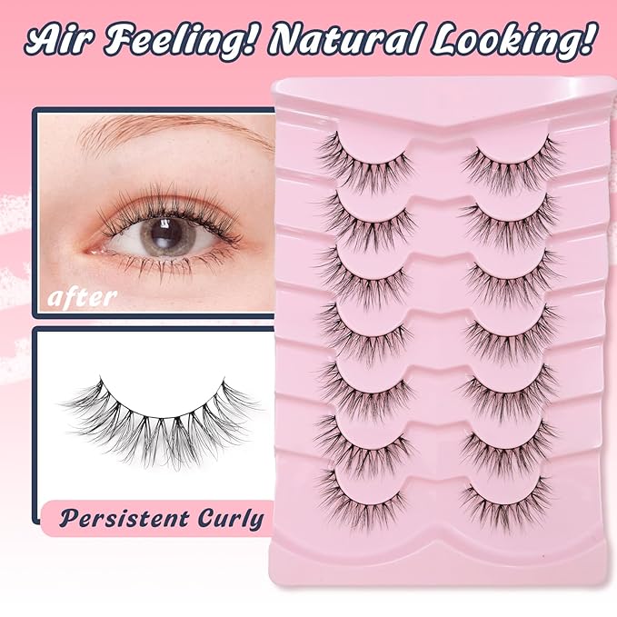 Natural Lashes False Eyelashes 10MM Short Lashes for Small Eyes C Curl Fake Eyelashes Thin Cotton Band 3D Volume Strip Lash Pack Soft Eyelashes 7 Pairs Siligli