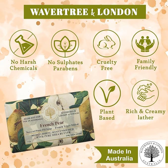 Wavertree & London French Pear Scented Natural Soap (2 Bars), 7oz Moisturizing French Triple Milled Soap Bars enriched with shea butter - Pure Plant Based Bath & Body Bars for All Skin Types