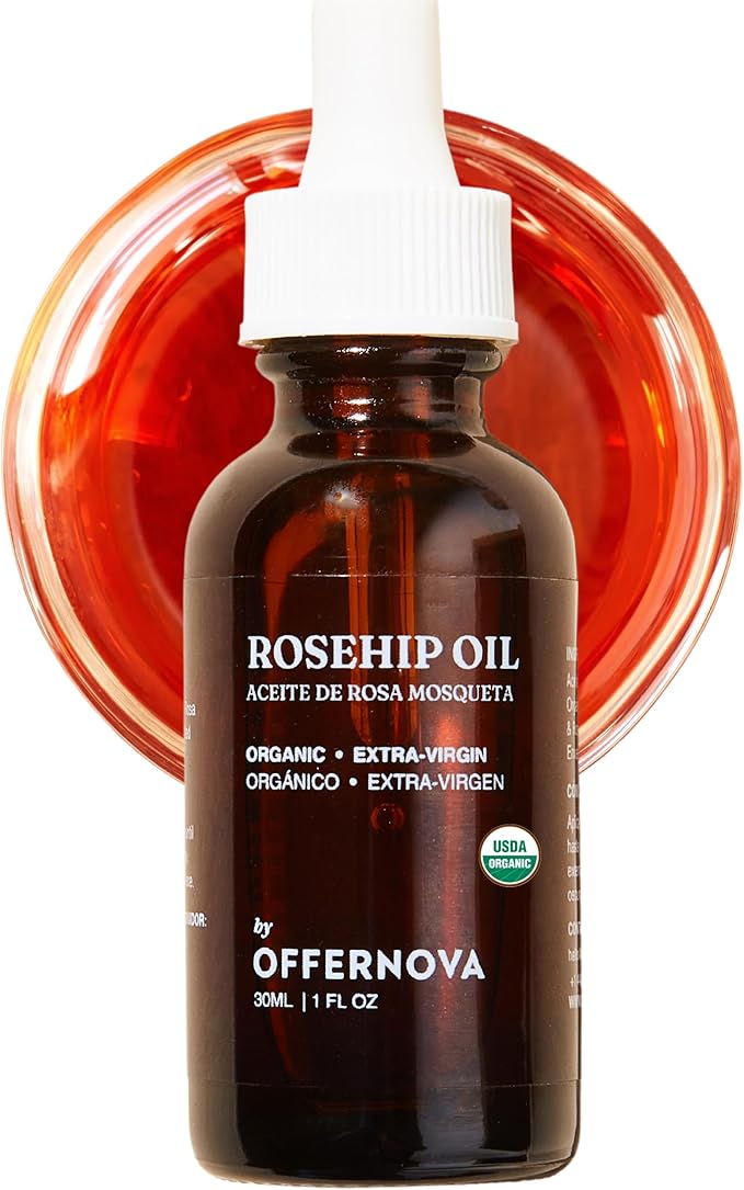 Offernova Organic Rosa de Mosqueta Oil- USDA Certified Rosehip Seed Oil Pure Cold Pressed, Repairs & Brightens Skin - Gua Sha Massage, Face, for All Skin Types - Aceite Facial 1OZ