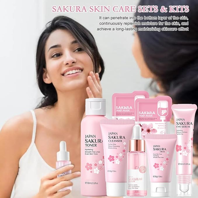 Skin Care Set Sakura Women Beauty Gift Sets Korean Skin Care Kit- Cleanser,Serum,Face Cream,Toner,Eye Cream,Mud Mask-Skin Care Routine Kit (One Size, Cherry Blossom-StyleA-Bae Moisturizing)