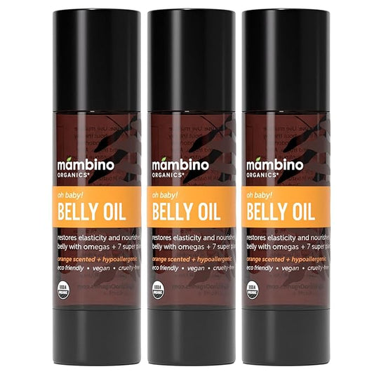 Mambino Organics Oh Baby! Belly Oil for Pregnant Women, Organic Stretch Mark Oil for Pregnancy, Postpartum Skin Elasticity, Hydration, Tamanu, Shea Butter, Calendula, Vegan, Non-GMO, 2 fl oz, 3-Pack