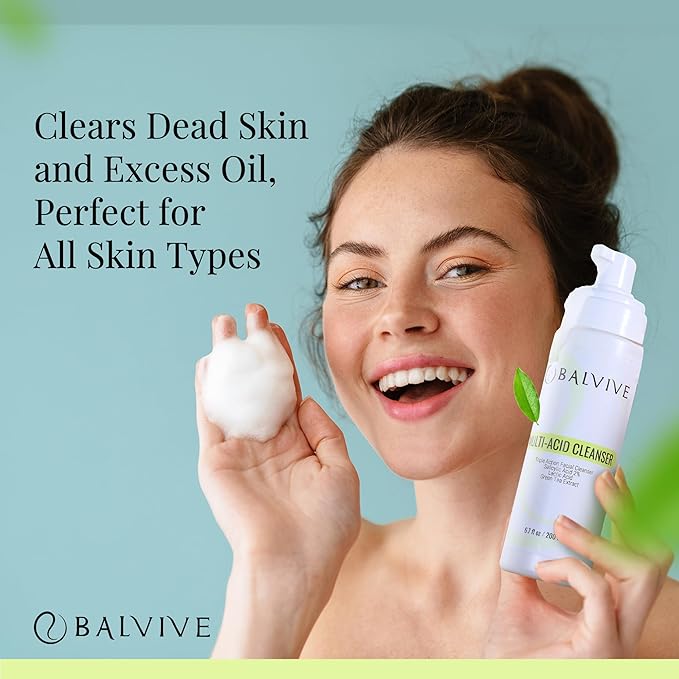Foaming Facial Cleanser with Salicylic Acid, Glycolic Acid & Lactic Acid & Green Tea Extract– Face Wash for Acne, Oily & Sensitive Skin – Makeup Remover & Pore-Cleansing Skincare 6.7 fl oz