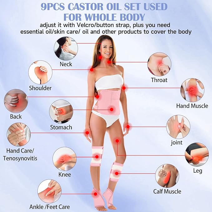 Castor Oil Pack Wrap, 9 Pcs Organic Castor Oil Packs Kit for Entire Body Neck Shoulder Waist Back Hand Knee Leg and Feet, Reusable Pads Kit for Hot/Cold Castor Oil Compress for Woman/Man【Pink】