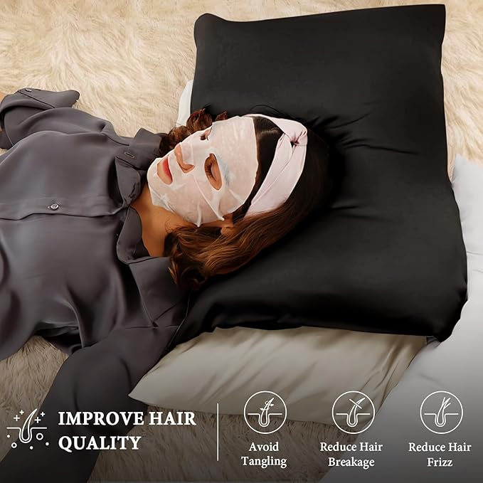 BHZ Satin Goose Down Feather Pillows Queen Size Set of 2 with Black Satin Pillowcase for Hair and Skin, Cooling Pillow Cases Similar to Silk Pillow Cases, Christmas Decorative Gifts for Women, Mom Men