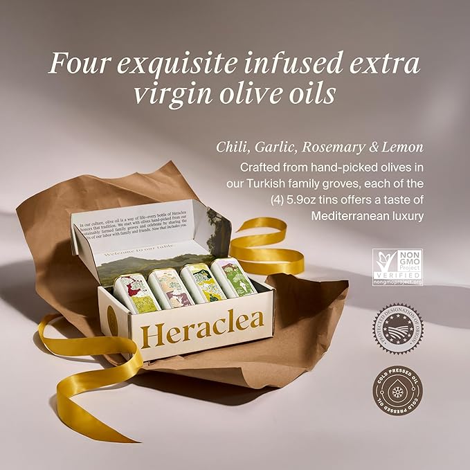 Heraclea - Aegean Flavors Gift Box - Infused Olive Oils Gift Set - Four 5.9oz Bottles - Extra Virgin Olive Oil - Organic Olive Oil - Extra Virgin - Cold Pressed - Polyphenol Rich EVOO