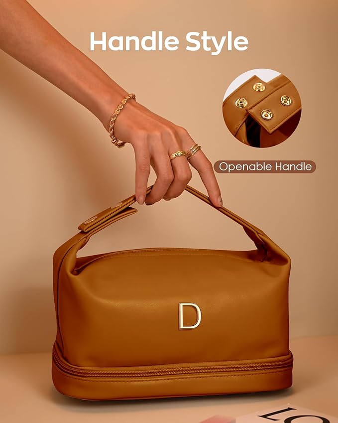 Unique Birthday Gifts for Women, Personalized Makeup Bag with Handle, Initial Double Layer Cosmetic Bag with Makeup Brush Organizer, Cute Cosmetic Pouch for Women, Tween Gift Ideas