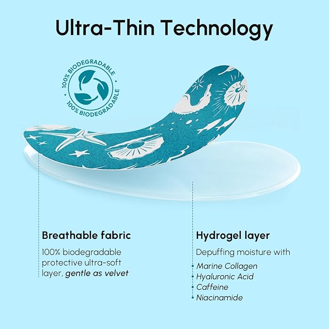 MAREE Hydrating Under Eye Patches for Puffy Eyes and Dark Circles – Marine Collagen & Caffeine Eye Patches – Brightening Eye Patche with Niacinamide – Depuffing Eye Mask for Dark Circles and Puffiness