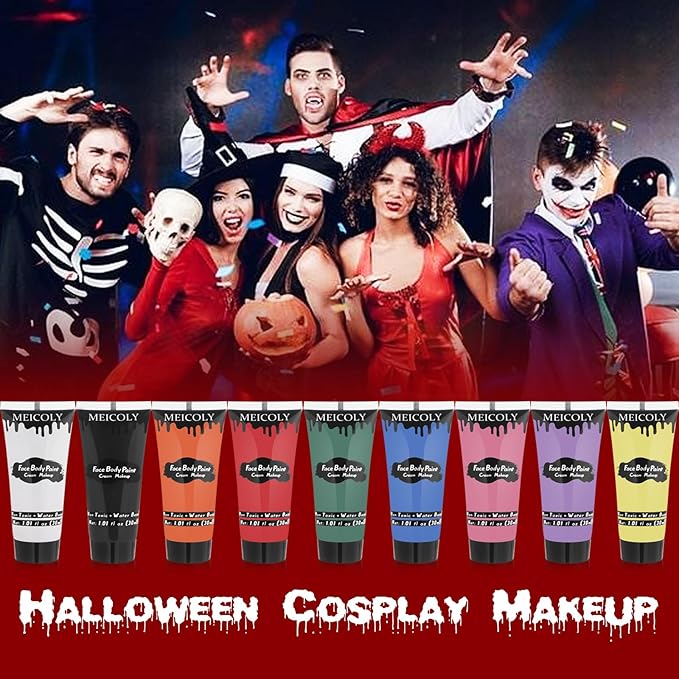 MEICOLY 9 Colors Face Body Paint Set,1.01x9oz/Box,Water Based Washable Face Paint for Adult Kid,Elphaba Green Face Paint,Safe Body Paint for Skin,Red White Blue Face Painting Kit for Halloween Makeup