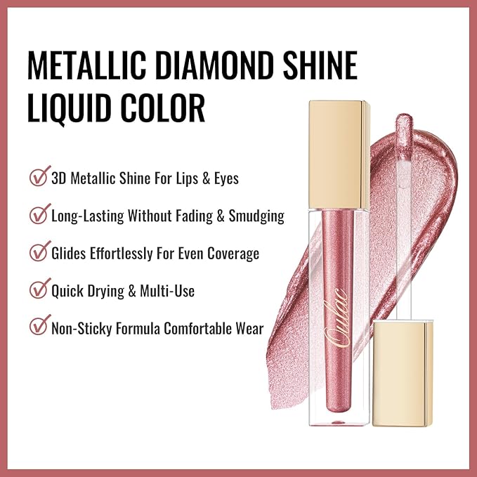 Oulac Pink Metallic Lipstick for Women, Rose Pink Lip Gloss, Lip & Eye 2 IN 1 Lip Makeup, Long Lasting Waterproof, High Impact Lip Color, Oil-Based Formula, Transfer Proof, Vegan MD04