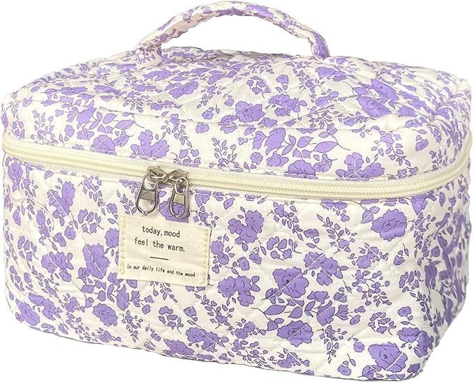 Purple Large Quilted Floral Makeup Bag Cute Soft Coquette Aesthetic Cosmetic Bag Cotton Travel Toiletry Bag for Women