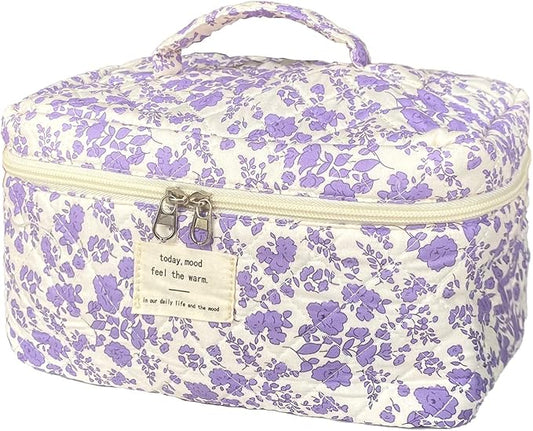 Purple Large Quilted Floral Makeup Bag Cute Soft Coquette Aesthetic Cosmetic Bag Cotton Travel Toiletry Bag for Women
