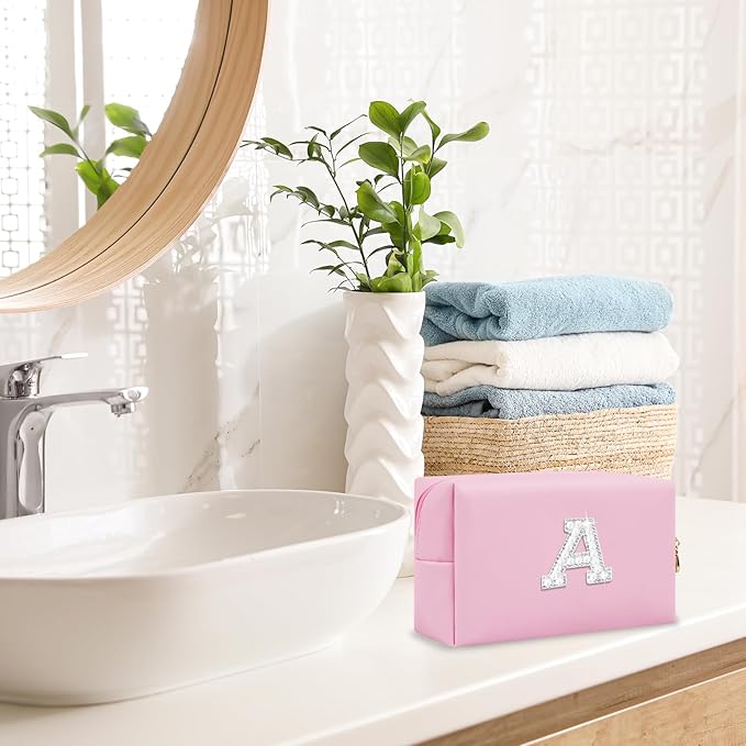 ChaoGreat Bride Gifts – Personalized Initial Makeup Bag with Pearl Rhinestone Patch, Preppy Pink Monogram Cosmetic/Toiletry Pouch, bridesmaid Gifts, Bridal Shower Gifts, Wedding Gifts, Bridal Gifts,A