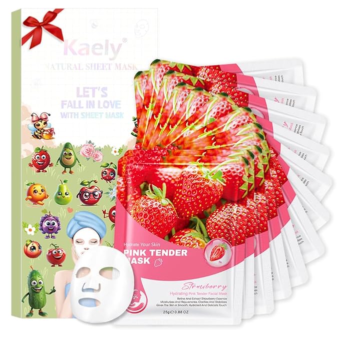 Kaely 12 Pack Strawberry Face Masks for Kids, Kids Face Mask Spa Day Kit Supplies, Spa Party Favors for Teens Girls Night, Sheet Facial Mask Skincare Gifts Set, Hydrating Soothe for All Skin Types 04