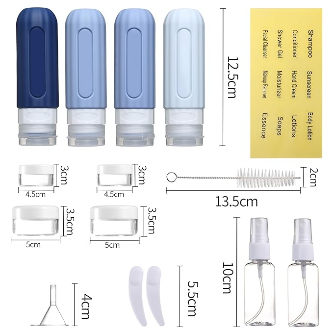 16 Pack Travel Bottles Set for Toiletries, Leakproof Travel Containers for Toiletries TSA Approved Silicone Travel Accessories Squeezable Refillable 3oz for Shampoo Conditioner Lotion Blue