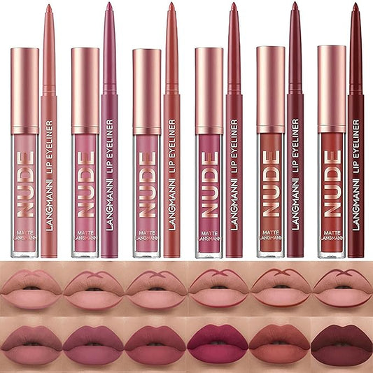 BONNIE CHOICE 12Pcs Matte Liquid Lipstick + Lip Liner Pens Set, 6 Matte Lipstick With 6 Matching Smooth Lipliner Waterproof Long Lasting 24 Hour Lip Gloss Makeup Mother's Day Gifts for Women