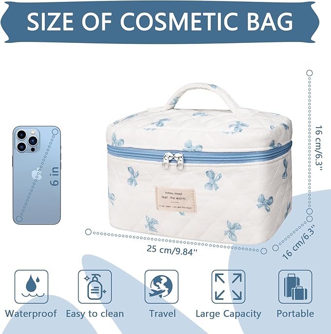 Large Makeup Bag, Cute Cosmetic Bag for Women Girls, Floral Coquette Aesthetic Toiletry Bag, Travel Make Up Organizer Bag (White Blue Butterfly Flower)