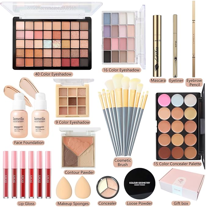 All in One Makeup Kit for Women Full Kit, Make Up Gift Set for Teens & Girls, Makeup Essential Bundle Include Foundation Eyeshadow Powder Contour Palette Lipstick Eyeliner Mascara Cosmetic Brush Set