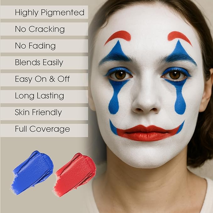 BADCOLOR 3PCS Red Blue Face Body Paint Stick Makeup for Harley/Joker SFX Cosplay & Dress Up, Red Liquid Eyeliner Stamp Pen for Clown Costume Cosplay