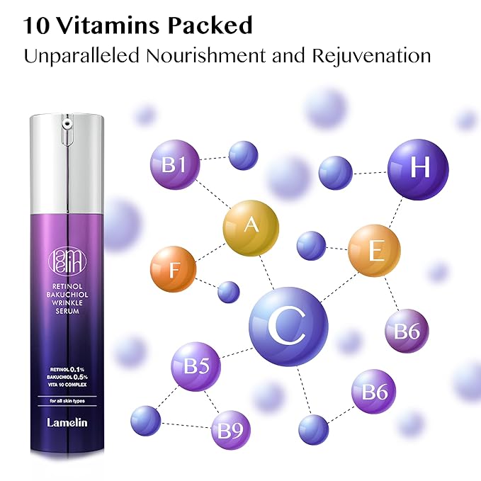 Wrinkle Serum Cream, Retinol & Bakuchiol & Niacinamide, 10 Vitamins & Herbs, Antioxidant, Eye Bag Dark Neck Correction, Day & Night Skin Brightening, 1.76 Fl Oz. Made in Korea