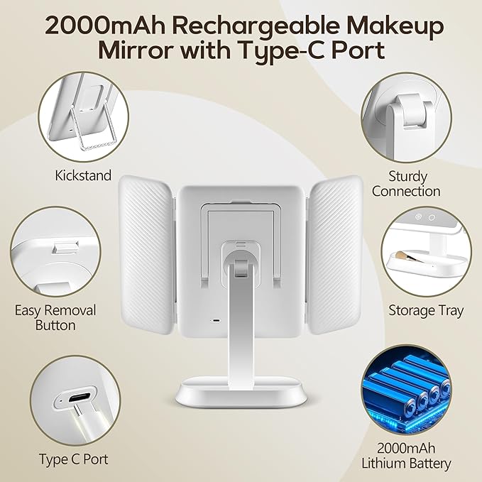 Lighted Makeup Mirror with 30X/10X/5X Magnification, Detachable Design for Travel, Rechargeable Trifold Mirror with 3 Color& Adjustable Brightness, Portable Makeup Mirror with Lights for Desk