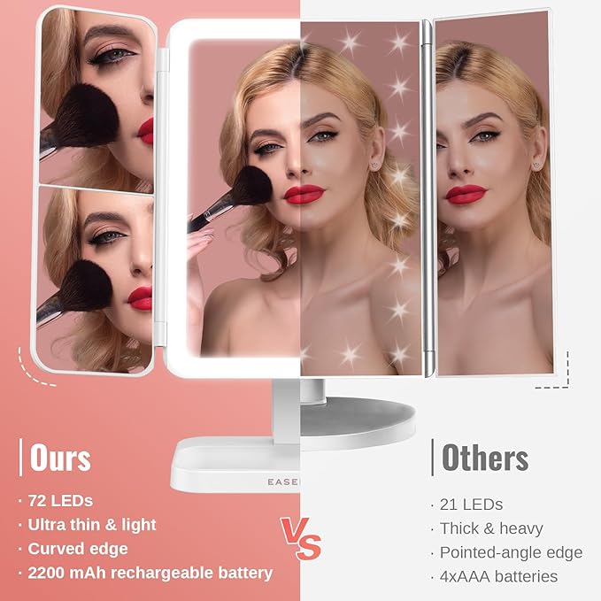EASEHOLD Vanity Mirror with Lights, 2X 3X Magnification, Trifold, Rechargable, Touch Control - Gifts for Girls & Women
