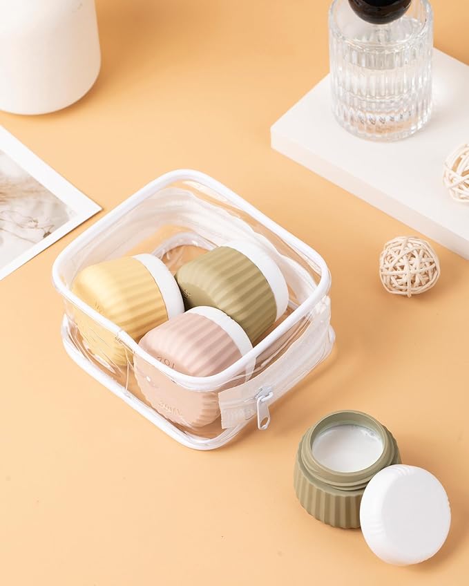 Travel Containers for Toiletries 4 Pack, TSA Approved Travel Size Toiletries, Travel Size Containers, With Clear Bag Leak Proof Silicone Jars, Travel Essentials Creams Jars Carrying Small Items