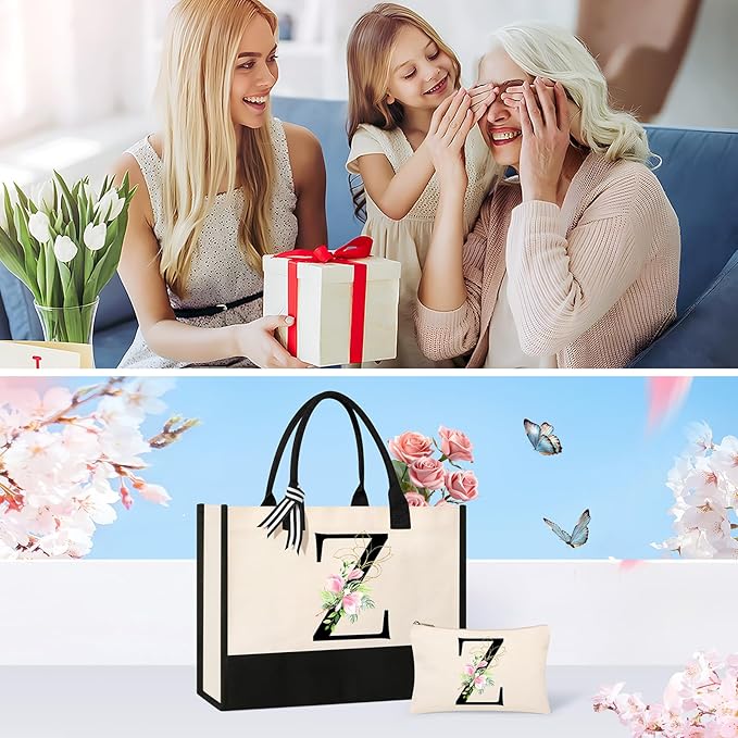 AYGE Personalized Initial Canvas Beach Tote, Monogrammed Gifts for Women, Makeup Bag, Birthday Gifts for Sister, Mom, Teacher, Bridesmaid (Z)