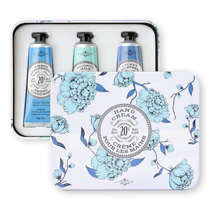 La Chatelaine Hand Cream Trio Tin Gift Set, Ready-To-Gift Tin, Nautral, Made in France with 20% Organic Shea Butter, Nourishing and Moisturizing (Amber Cashmere, Coconut Milk, Lychee Bilberry or Shea)