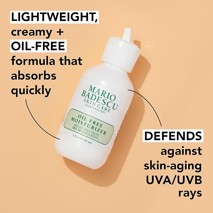 Mario Badescu Oil Free Moisturizer with Broad Spectrum SPF 30 Face Sunscreen for Combination, Oily & Sensitive Skin, Lightweight and Non-Greasy Formula with Green Tea & Aloe Vera, 2 Fl Oz