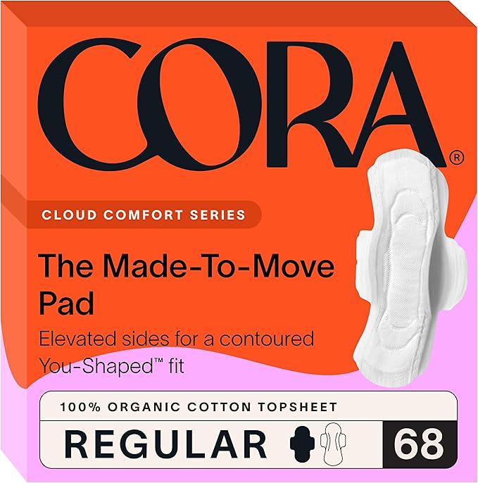 Cora Regular Pads with Wings, Made-to-Move, Organic Cotton Topsheet Ultra Thin Feminine Care Pads for Women, Soft, Comfortable & Breathable Menstrual Pad, Regular Absorbency, Unscented, 68 Count